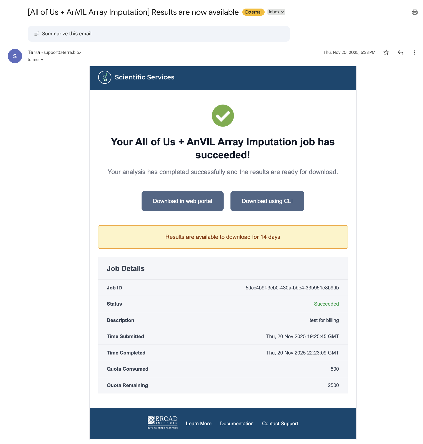 example notification email for a successful job